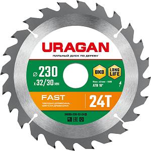 URAGAN Fast, 230 х 32/30 мм, 24Т, пильный диск по дереву (36800-230-32-24)
