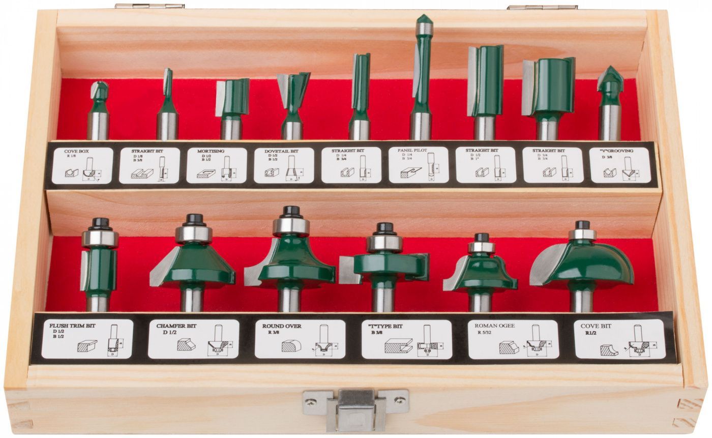 Фрезы по дереву кромочные, набор 15 шт., деревянный бокс, хвостовик 8 .