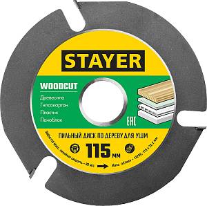 STAYER WOODCUT, 115 х 22.2 мм, 3 резца, для УШМ, пильный диск по дереву (36854-115)