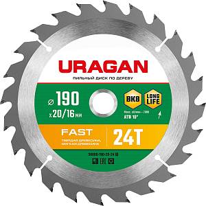 URAGAN Fast, 190 х 20/16 мм, 24Т, пильный диск по дереву (36800-190-20-24)