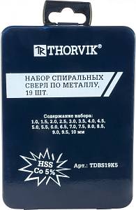 TDBS19K5 Набор спиральных сверл по металлу HSS Co в металлическом кейсе, d1.0-10.0 мм, 19 предметов Thorvik