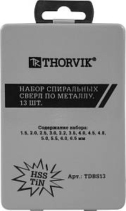 TDBS13 Набор спиральных сверл по металлу HSS TiN в металлическом кейсе, d1.5-6.5 мм, 13 предметов Thorvik