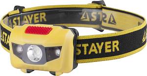 Фонарь STAYER "MASTER" налобный светодиодный, 1Вт(80Лм)+2LED, 4 режима, 3ААА 56568