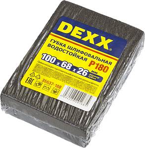 DEXX Р180, 100 х 68 х 26 мм, водостойкая, четырехсторонняя шлифовальная губка (35637-180)