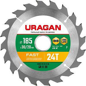 URAGAN Fast, 185 x 30/20 мм, 24Т, пильный диск по дереву (36800-185-30-24)