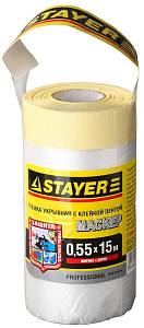 STAYER 15 м, 0.55 м, 9 мкм, с клейкой лентой маскер, защитная пленка, Professional (12255-055-15) STAYER 15 м, 0.55 м, 9 мкм, с клейкой лентой маскер, защитная пленка, Professional (12255-055-15)